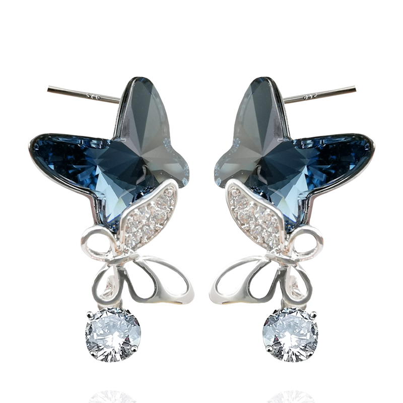 Austria Crystal Butterfly Dark Blue Silver Earrings