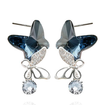 Austria Crystal Butterfly Dark Blue Silver Earrings