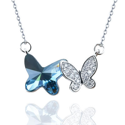 925 Silver Double Butterfly Crystal Zircon Necklace