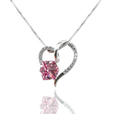 925 Sterling Silver Square Austria Crystal  Heart Necklace