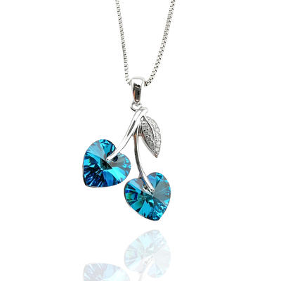 Blue Crystal Cherry Heart 925 Sterling Silver Necklace