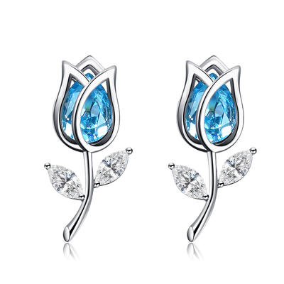 Austria Blue Crystal Tulip Flower Silver Earrings