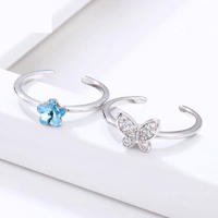 Butterfly and flower shape Swarovski crystal open silver ring