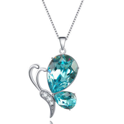 Drop-shaped Austrian Crystal Butterfly Pendant Silver 925  Necklace