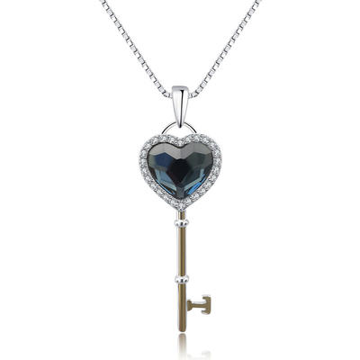 Key Shape Austrian Crystal Silver 925 Necklace
