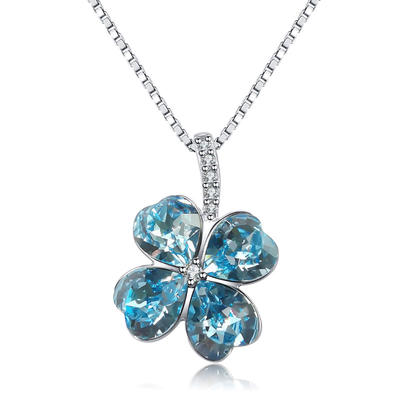 Four-leaf Clover Lucky Blue Imported Austrian Crystal Silver Necklace