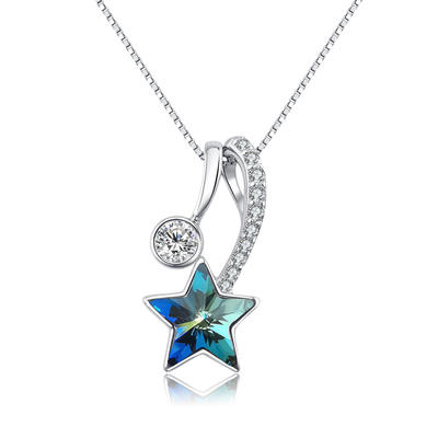 Geometric Pentagram Imported Austrian Crystal Silver Necklace