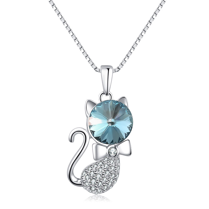 Cute Animal Cat Stone Crystal Pendant Jewelry 925 Necklace